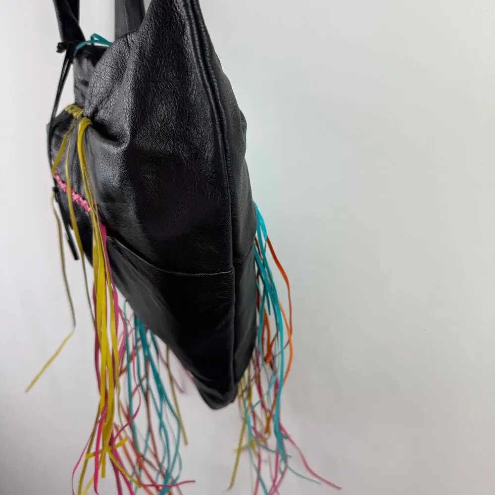 Vintage Y2k 90's Sharif Studio Handbag Black Braided Leather Fringe Hobo Bag